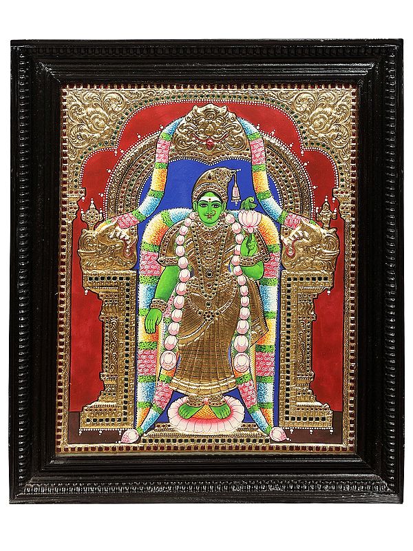 Goddess Meenakshi Tanjore Painting | Traditional Colors With 24K Gold | Teakwood Frame | Gold & Wood | Handmade