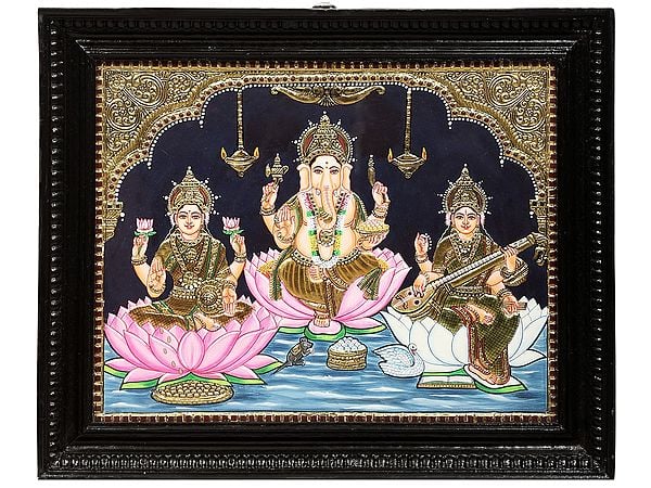 Ganesha with Lakshmi & Saraswati Tanjore Painting | Traditional Colors With 24K Gold | Teakwood Frame | Handmade