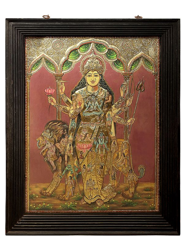 Maa Shakti Encompassing the Entire Universe Tanjore Painting | Traditional Colors With 24K Gold | Teakwood Frame | Gold & Wood | Handmade