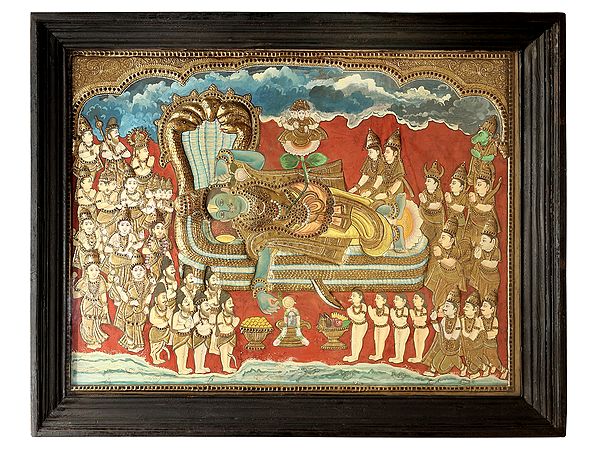 Shree Padmanabha Swamy Tanjore Painting | Traditional Colors With 24K Gold | Teakwood Frame | Gold & Wood | Handmade