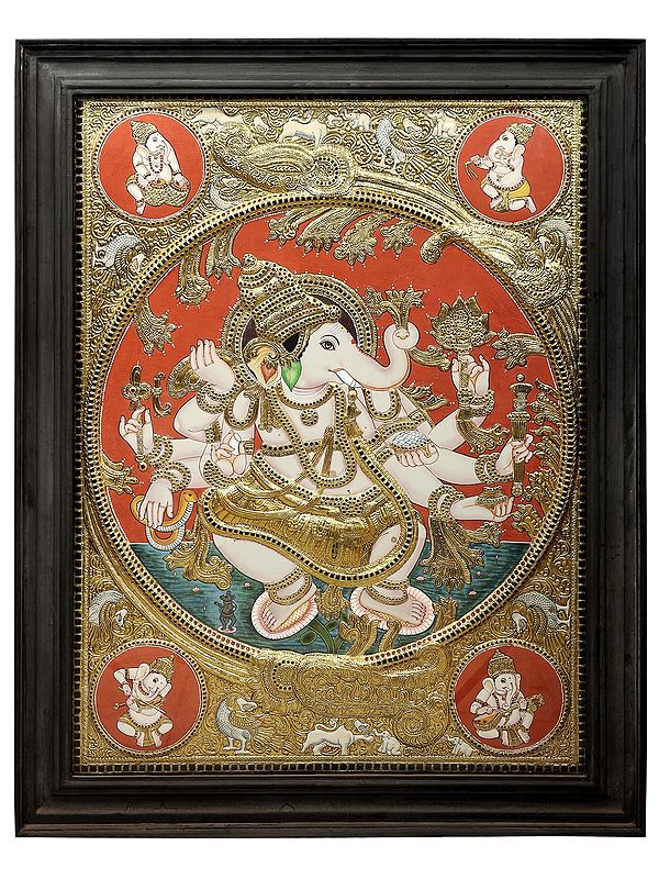 Large Lord Dancing Ganesha Tanjore Painting | Traditional Colors With 24K Gold | Teakwood Frame | Gold & Wood | Handmade