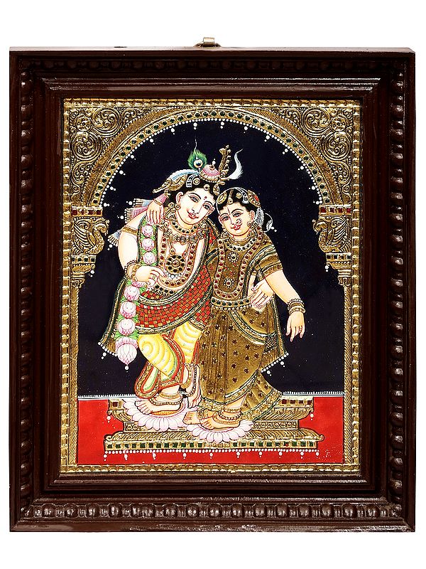 Radha Krishna Tanjore Painting | Traditional Colors with 24K Gold | Teakwood Frame