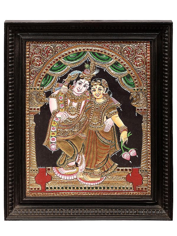 Radha Krishna Tanjore Painting | Traditional Colors With 24K Gold | Teakwood Frame | Gold & Wood