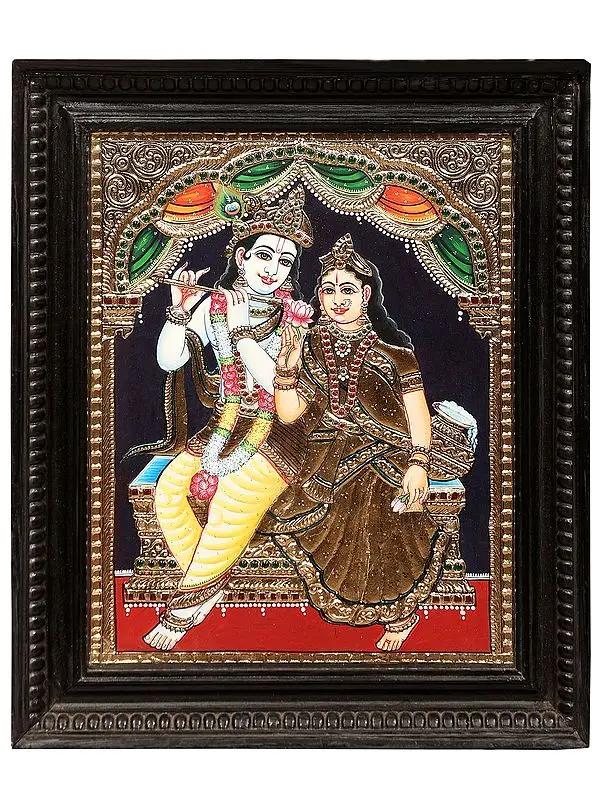 Radha Krishna Tanjore Painting | Traditional Colors With 24K Gold | Teakwood Frame | Gold & Wood | Handmade