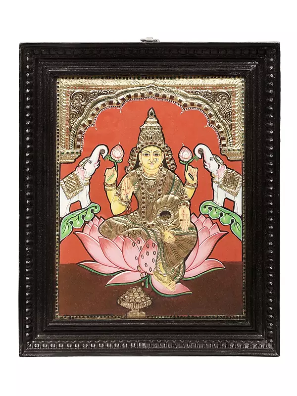 Devi Gajalakshmi Tanjore Painting | Traditional Colors With 24K Gold | Teakwood Frame | Gold & Wood | Handmade