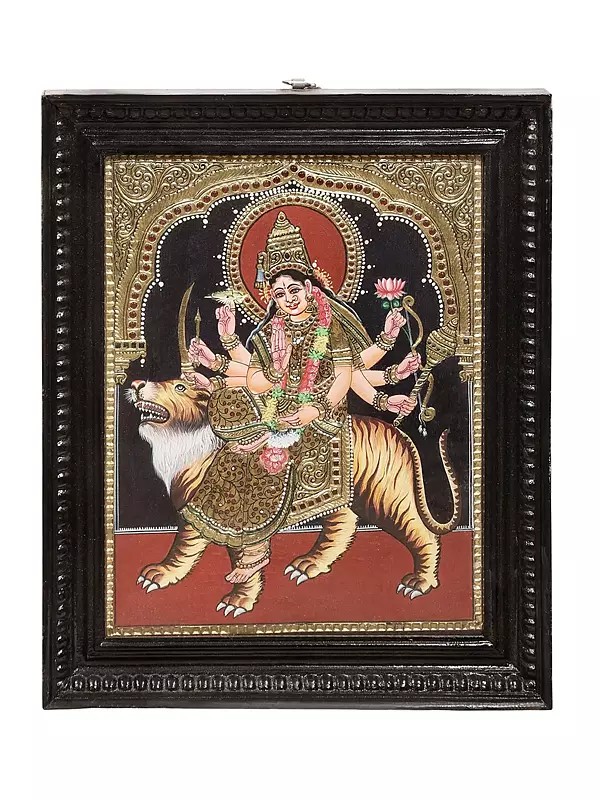 Large Goddess Durga Tanjore Painting | Traditional Colors With 24K Gold | Teakwood Frame | Handmade
