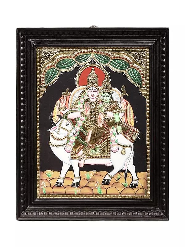 Shiva Parvati Seated on Nandi Tanjore Painting with Teakwood Frame | Traditional Colors With 24K Gold | Handmade