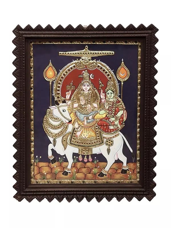 Shiva Parvati Seated on Nandi Tanjore Painting | Traditional Colors With 24K Gold | Teakwood Frame | Gold & Wood | Handmade