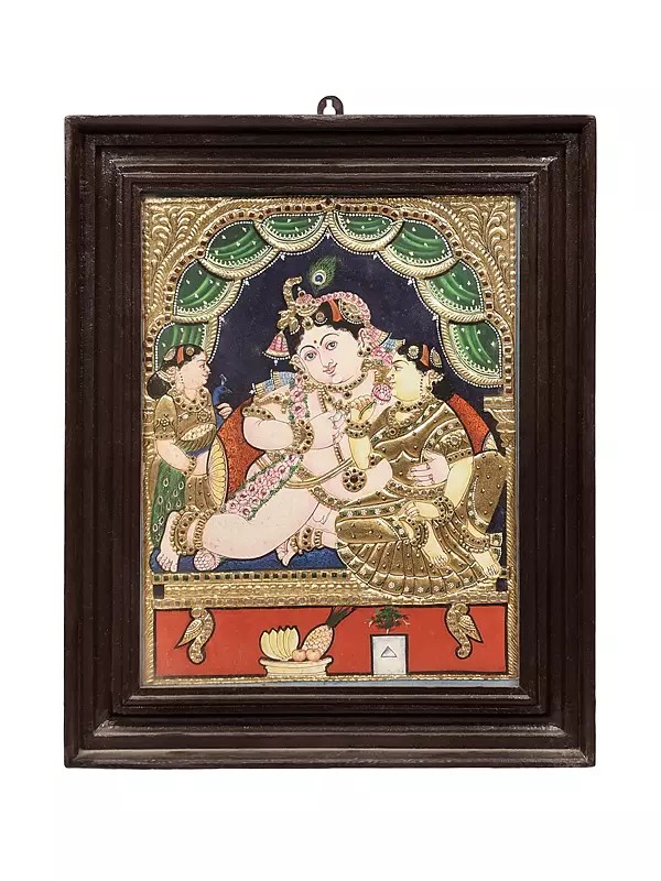 Navaneeta Krishna Tanjore Painting | Traditional Colors With 24K Gold | Teakwood Frame | Gold & Wood | Handmade