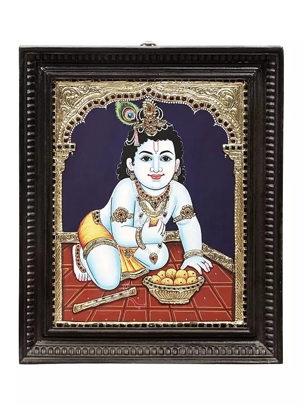 Laddoo Gopala Tanjore Painting | Traditional Colors With 24K Gold | Teakwood Frame | Handmade