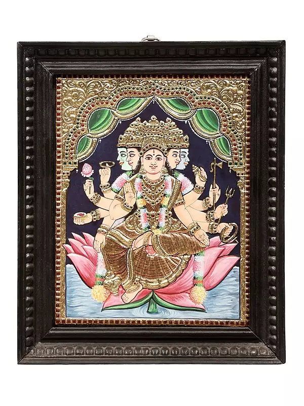 Goddess Gayatri Devi Tanjore Painting | Traditional Colors With 24K Gold | Teakwood Frame | Gold & Wood | Handmade