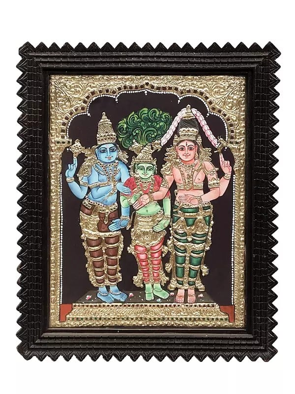 Shiva Parvati Meenakshi Kalyanam Tanjore Painting | Traditional Colors With 24K Gold | Teakwood Frame | Gold & Wood | Handmade