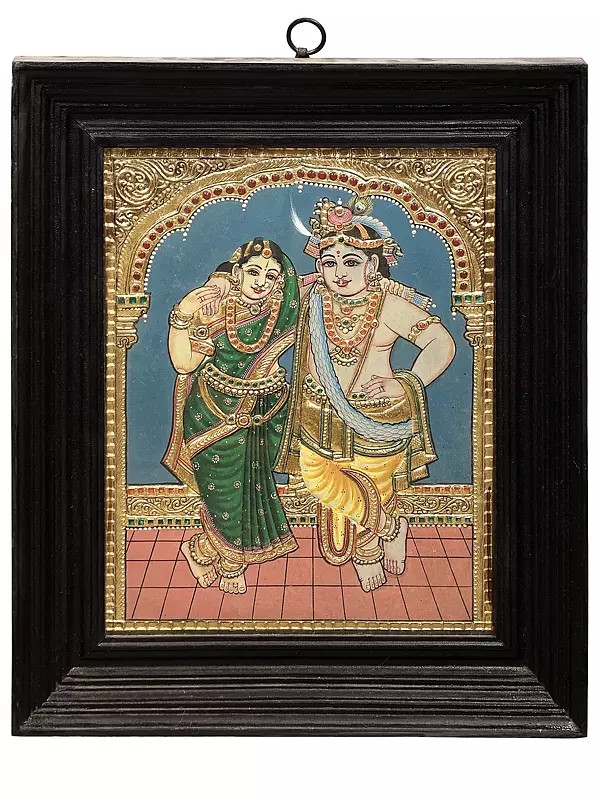 Radha Krishna Tanjore Painting | Traditional Colors With 24K Gold | Teakwood Frame | Gold & Wood | Handmade