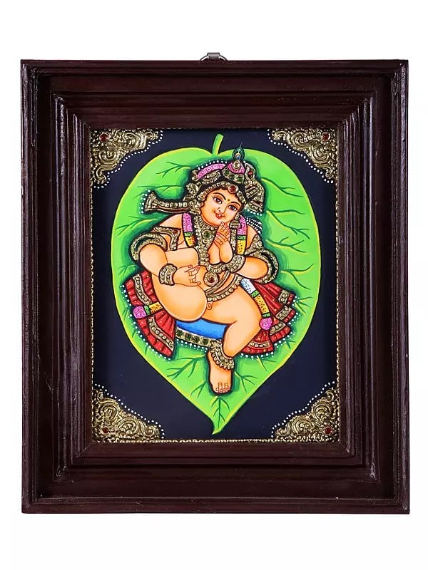 Vatapatra-Shayi Krishna Tanjore Painting | Traditional Colors with Gold | Teakwood Frame | Handmade