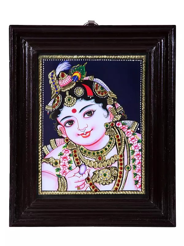 Lord Krishna Baby Face Tanjore Painting | Traditional Colors With 24K Gold | Teakwood Frame | Gold & Wood