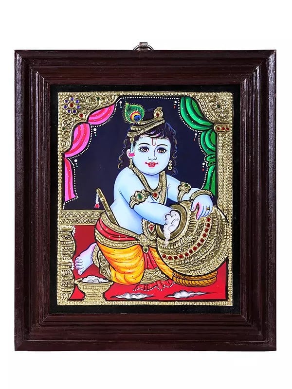Butter Krishna Tanjore Painting | Traditional Colors With 24K Gold | Teakwood Frame | Gold & Wood | Handmade