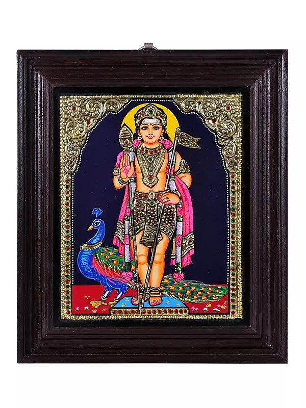 Lord Karttikeya (Murugan) Tanjore Painting | Traditional Colors With 24K Gold | Teakwood Frame