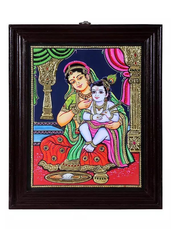 Mother Yashoda Feeding Baby Krishna Tanjore Painting | Traditional Colors With 24K Gold