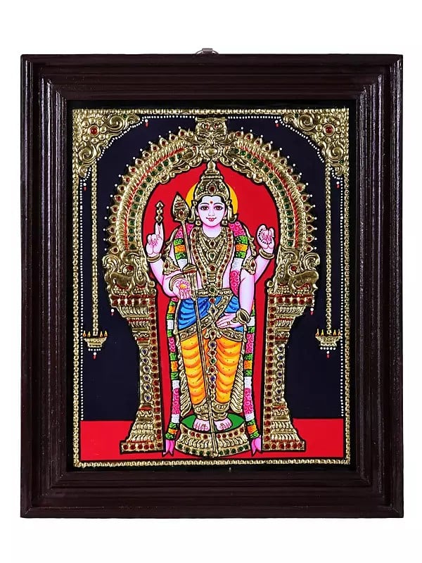 Standing Lord Karttikeya (Murugan) Tanjore Painting | Traditional Colors With 24K Gold | Teakwood Frame | Gold & Wood