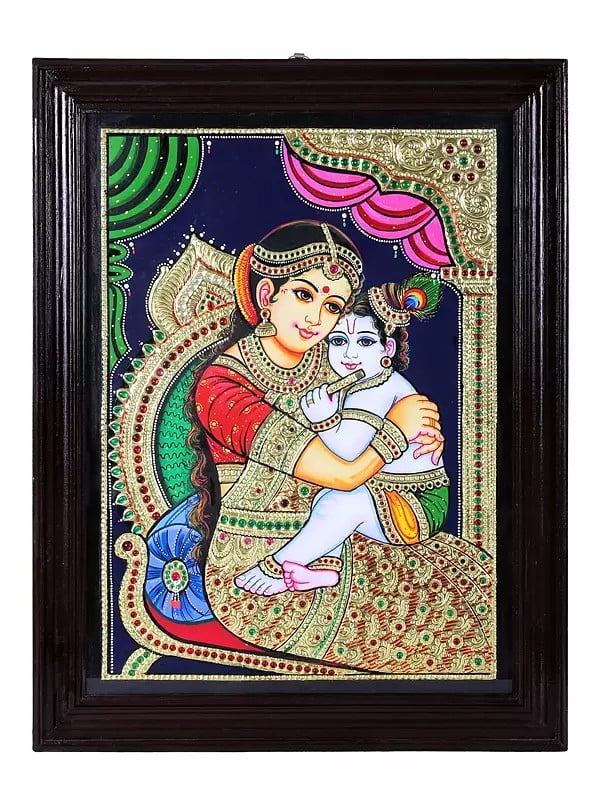 Maiya Yashoda with Bal Krishna Tanjore Painting | Traditional Colors With 24K Gold | Teakwood Frame | Gold & Wood