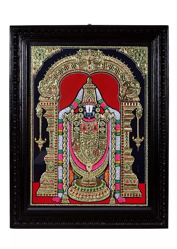 Lord Venkateshwara as Balaji Tanjore Painting | Traditional Colors With 24K Gold | Teakwood Frame | Gold & Wood