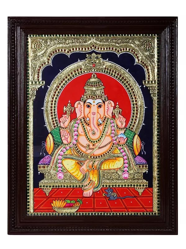 Lord Ganesha Tanjore Painting | Traditional Colors With 24K Gold | Teakwood Frame | Gold & Wood