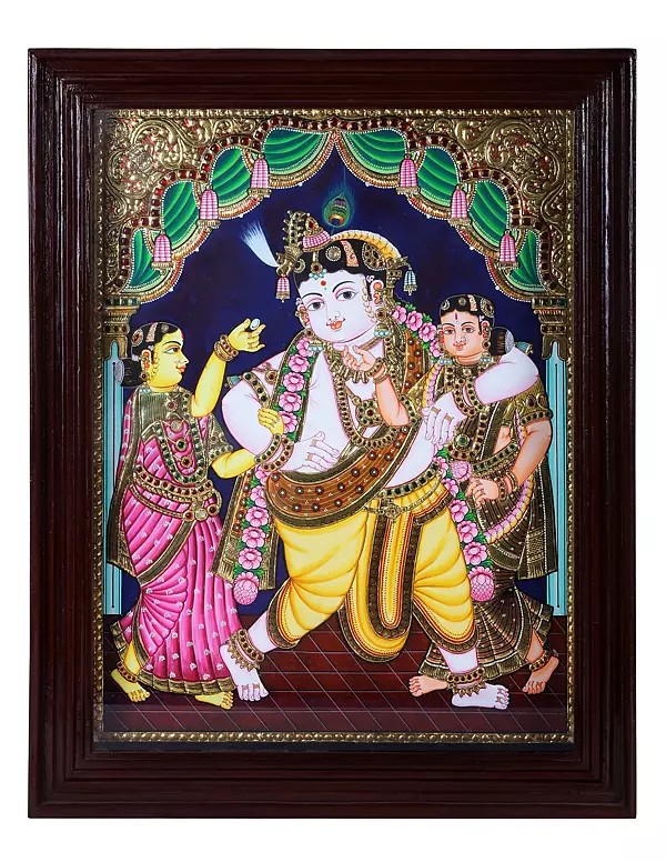 Lord Krishna with Rukmini and Satyabhama Tanjore Painting | Traditional Colors With 24K Gold | Teakwood Frame | Gold & Wood