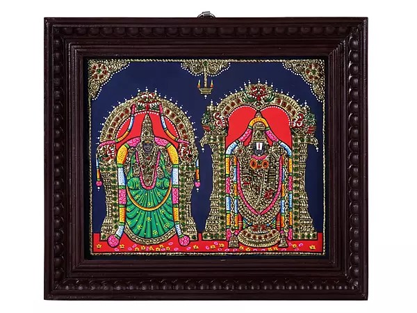 Tirupati Balaji with Devi Padmavathi Tanjore Painting | Traditional Colors With 24K Gold | Teakwood Frame