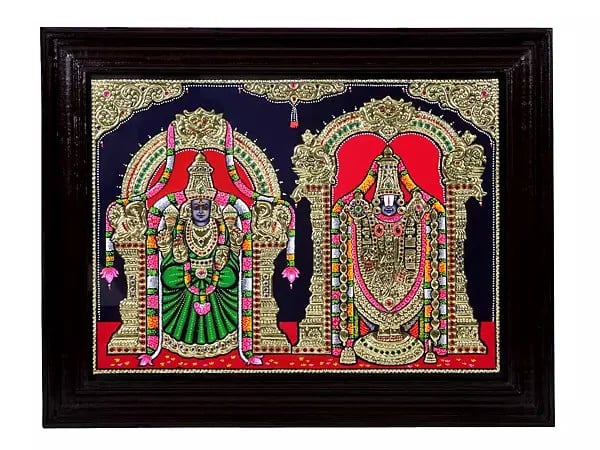 Tirupati Balaji with Devi Padmavathi Tanjore Painting| Traditional Colors With 24K Gold | Teakwood Frame | Gold & Wood