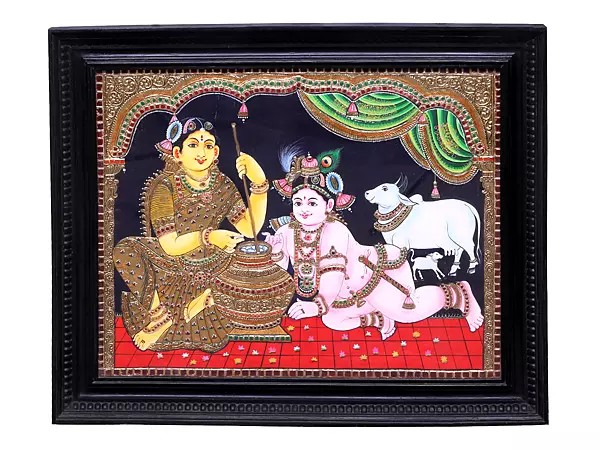 Large Maiyya Yashoda with Bal Krishna Tanjore Painting | Traditional Colors with 24K Gold | Teakwood Frame