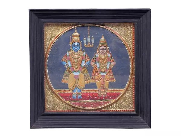 Large Lord Vitthal and Goddess Rukmini Tanjore Painting | Traditional Colors With 24K Gold | Teakwood Frame | Gold & Wood