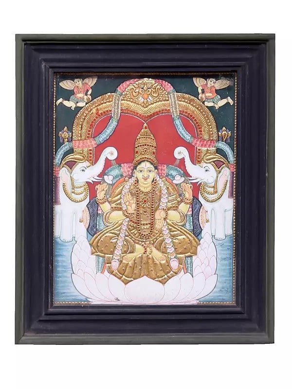 Padmasana Gajalakshmi Tanjore Painting | Traditional Colors With 24K Gold | Teakwood Frame | Gold & Wood