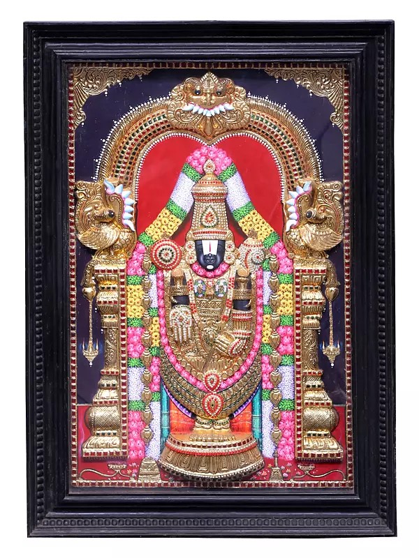Large Lord Balaji Tanjore Painting with Teakwood Frame | Traditional Colors with 24K Gold
