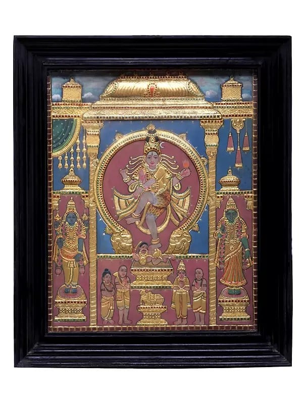 Large Urdhva Tandav (Dancing Shiva) Tanjore Painting | Traditional Colors With 24K Gold | Teakwood Frame | Gold & Wood