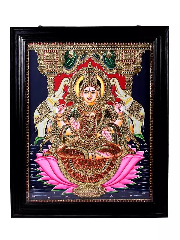 Goddess Lakshmi Seated on Throne Tanjore Painting | Traditional Colors With 24K Gold | Teakwood Frame | Gold & Wood