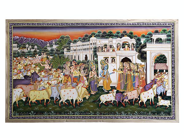 Sandhya Aarti: Krishna with Balaram and Cows welcomed by Maa Yashoda | Pichwai Art