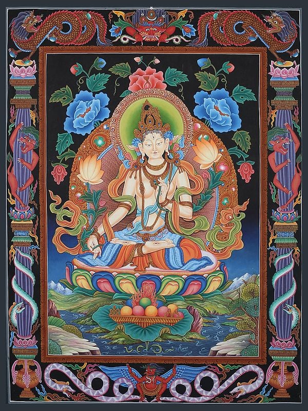 Newari Goddess White Tara with Border (Brocadeless Thangka)