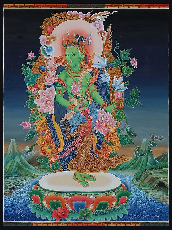 Newari Standing Goddess Green Tara (Brocadeless Thangka)