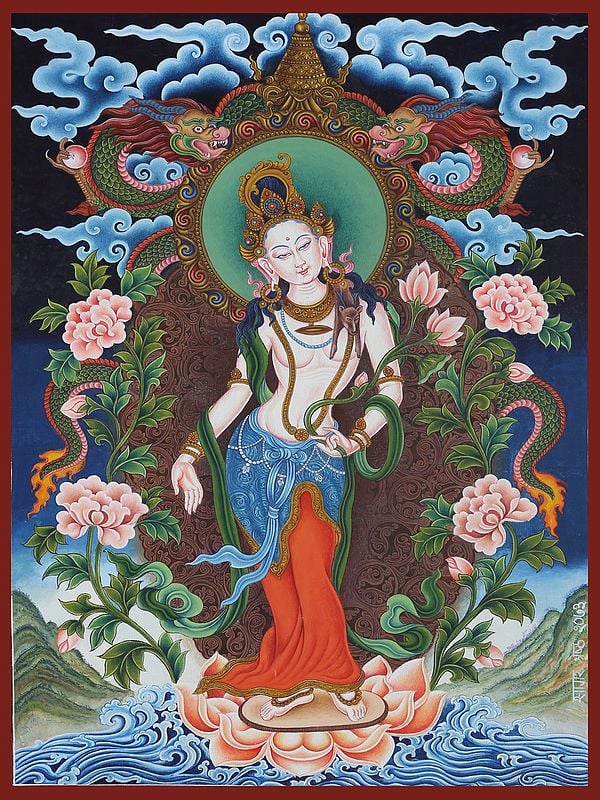 Newari Padmapani with Dragons - Tibetan Buddhist Brocadeless Thangka