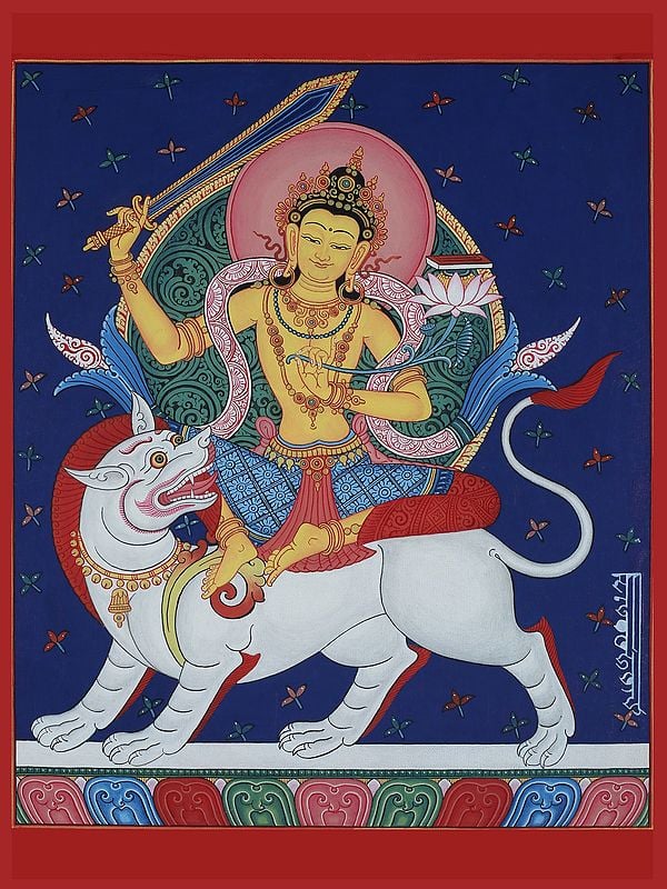 Newari Simhavahana Manjushri (Brocadeless Thangka)