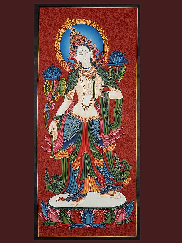 Newari Standing Classical Goddess White Tara (Brocadeless Thangka)