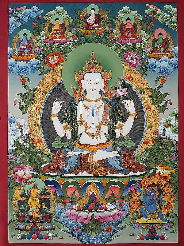 Tibetan Chenrezig (Avalokiteshvara) with Panch Buddhas Brocadeless Thangka