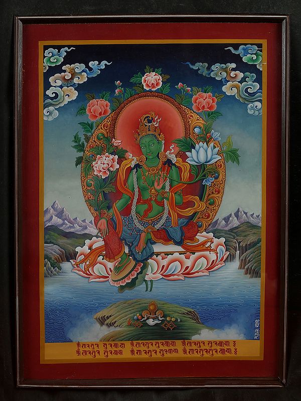Newari Goddess Green Tara with Mantra (Brocadeless Thangka)