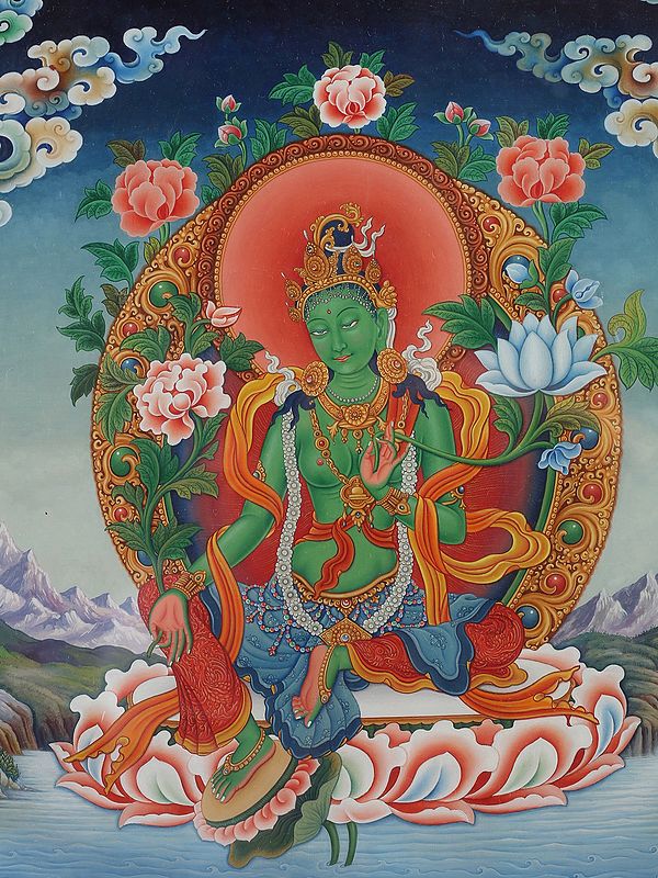 Newari Goddess Green Tara with Mantra (Brocadeless Thangka) | Exotic ...