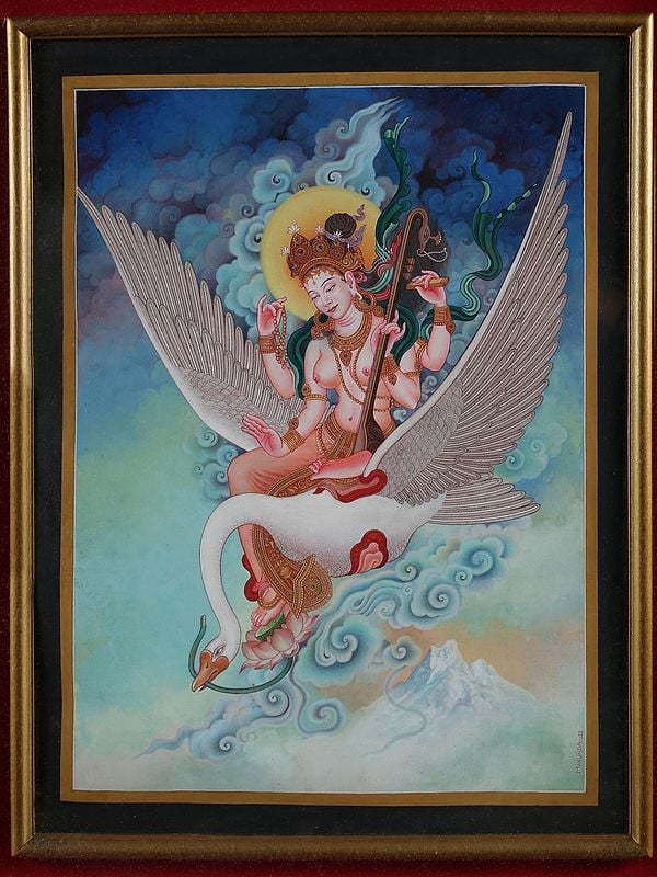 Newari Flying Goddess Saraswati Seated on Swan (Brocadeless Thangka)