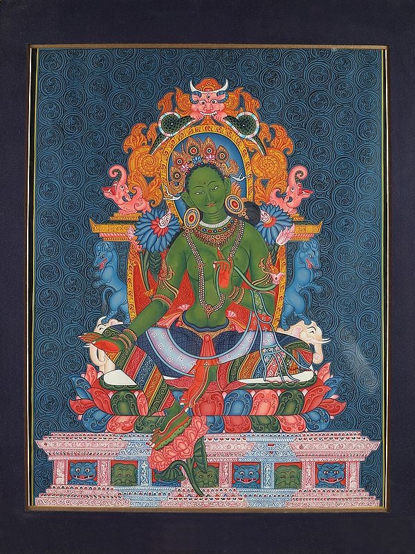 Newari Classic Goddess Green Tara with Throne (Brocadeless Thangka)