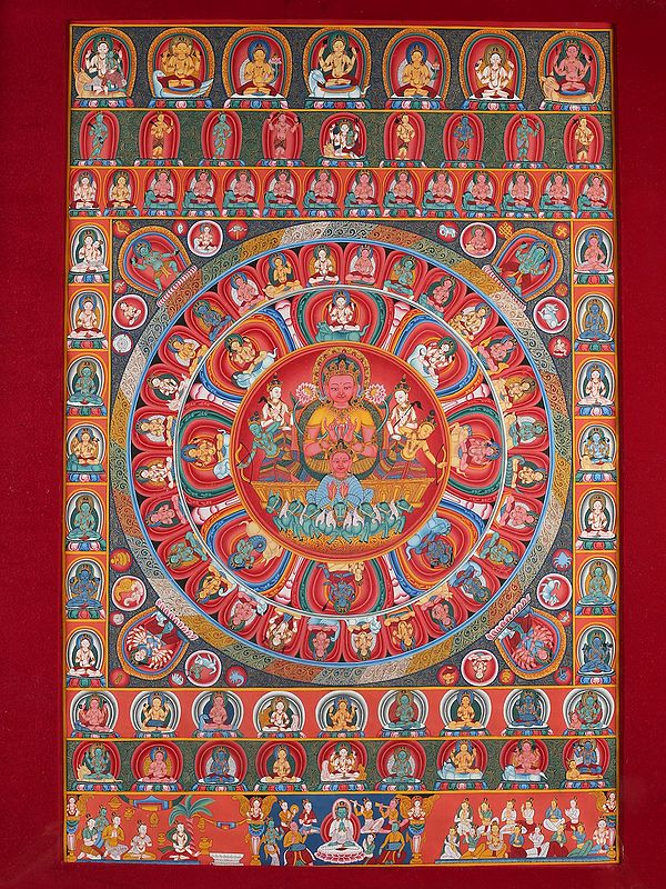 Newari Mandala of The Sun God Surya with Multiple Gods (Brocadeless Thangka)
