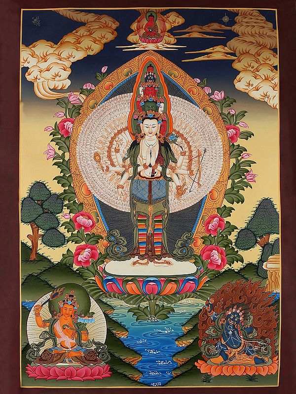 Tibetan Avalokiteshvara with Manjushri and Vajrapani (Brocadeless Thangka)