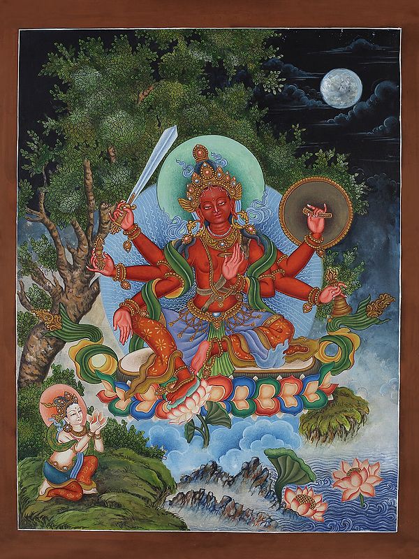 Newari Six Armed Goddess Red Tara (Brocadeless Thangka)