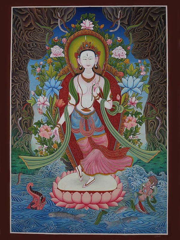 Newari Standing Goddess White Tara (Brocadeless Thangka)